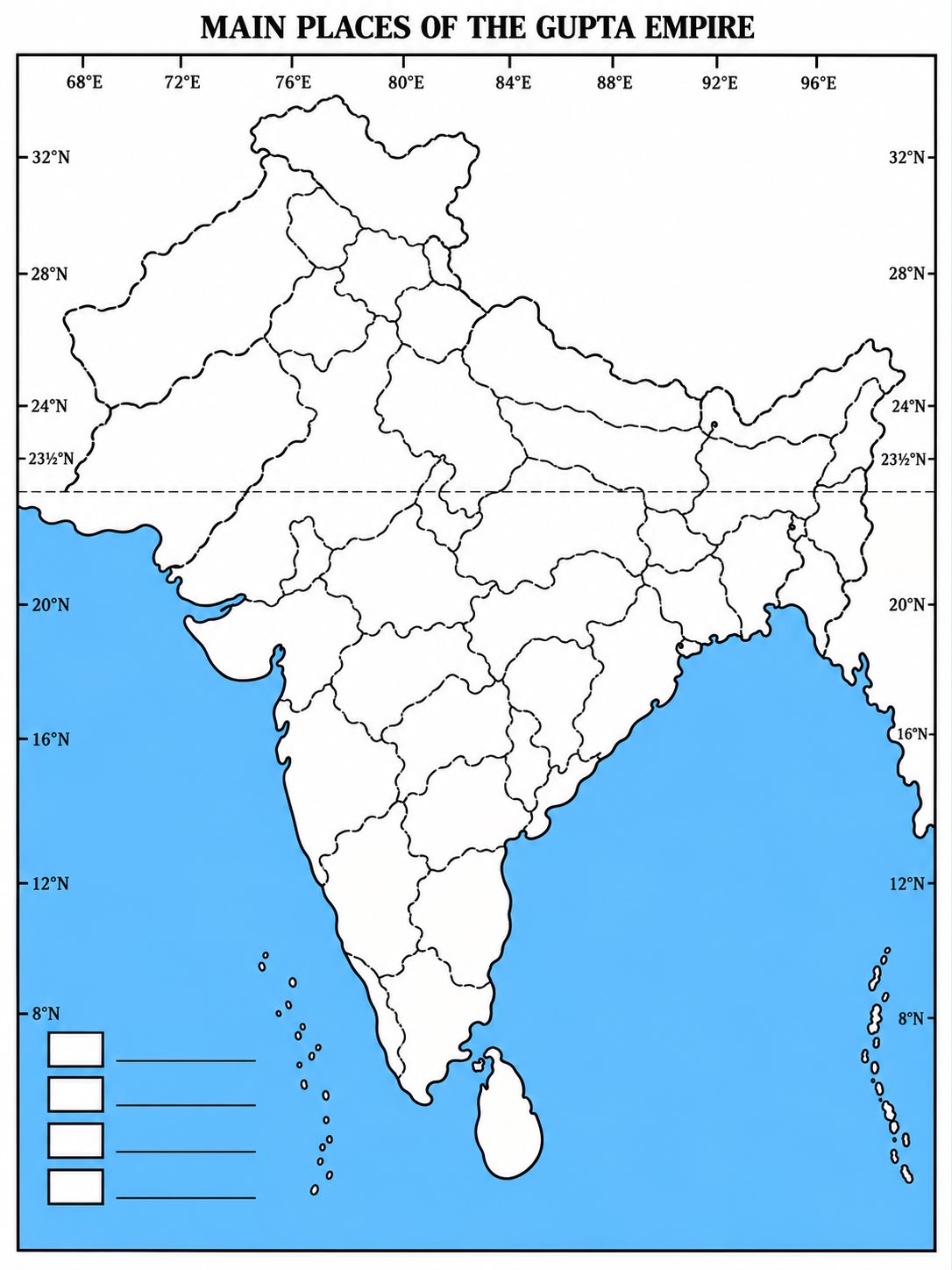 Political map of India with state boundaries, latitude and longitude markings